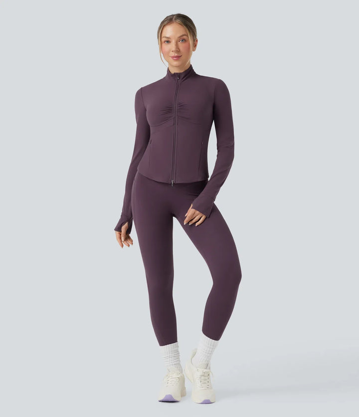 Halara UltraSculpt Mock Neck Ruched Push-Up Long Sleeve Thumb Hole Yoga Jacket with Pockets