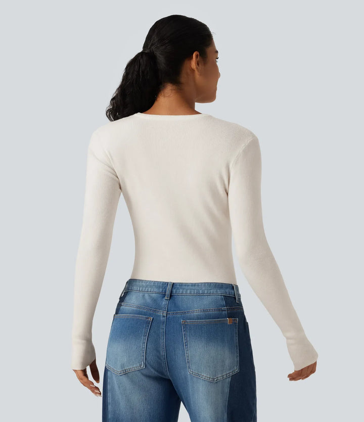 Round Neck Long Sleeve Thumb Hole Slim Work Sweater