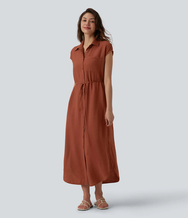 Collar Cap Sleeve Belted Curved Split Hem Midi Casual Shirt Dress with Pockets