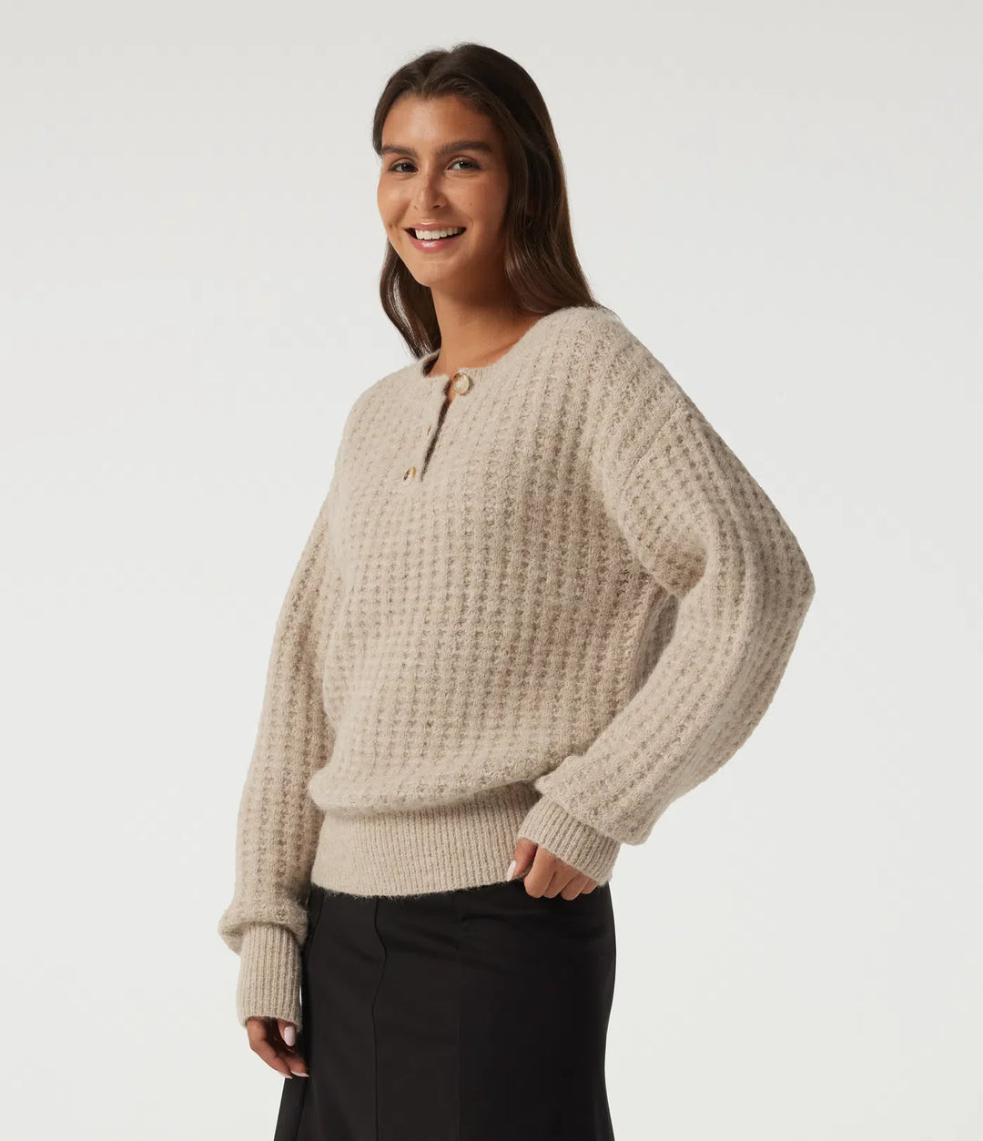 Henley Neck Drop Shoulder Long Sleeve Casual Sweater