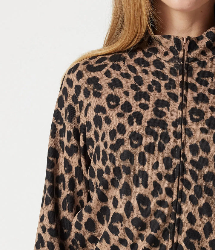 Stand Collar Zipper Long Sleeve Color Block Leopard Print Waffle Casual Jacket with Pockets