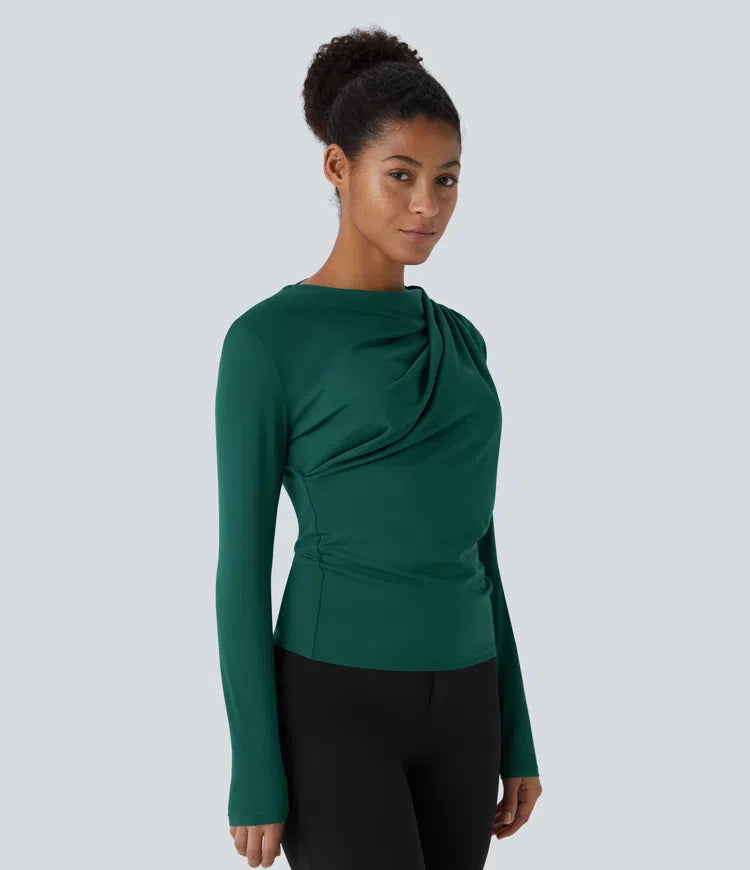 Cowl Neck Ruched Long Sleeve Slim Work Top