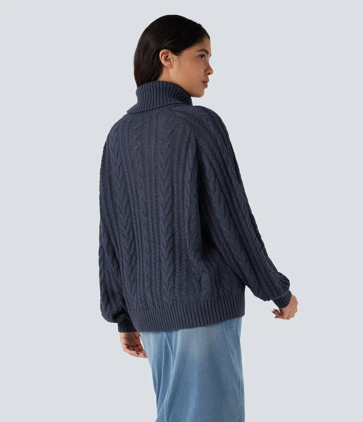 High Neck Long Sleeve Cable Knit Casual Sweater