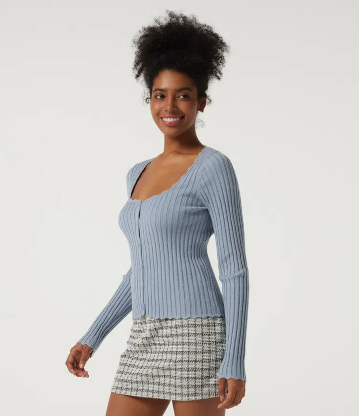 Ribbed Knit Square Neck Long Sleeve Casual Sweater