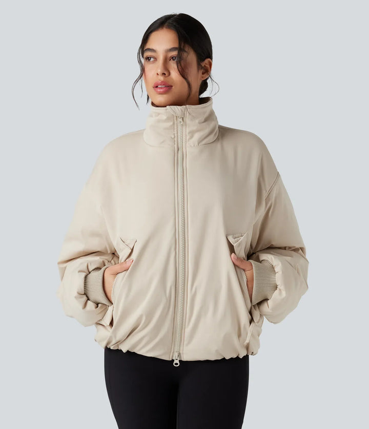 High Neck Long Sleeve Zipper Casual Puffer Jacket with Pockets