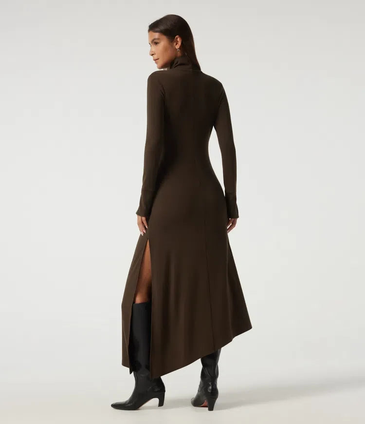 High Neck Long Sleeve Asymmetric Thermal Casual Bodycon Midi Dress