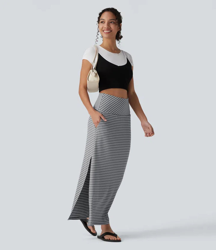 High Waisted Tummy Control Split Stripes Maxi Casual Skirt with Pockets