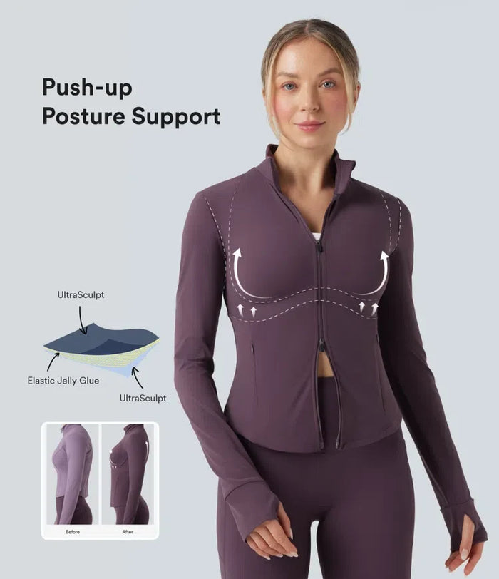 Halara UltraSculpt Mock Neck Push-Up Long Sleeve Thumb Hole Yoga Jacket with Pockets