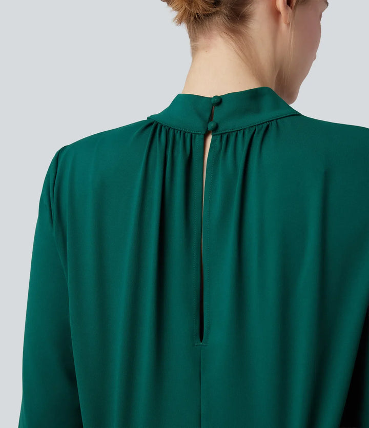Mock Neck Keyhole Back Long Sleeve Wide Leg Work Jumpsuit with Pockets