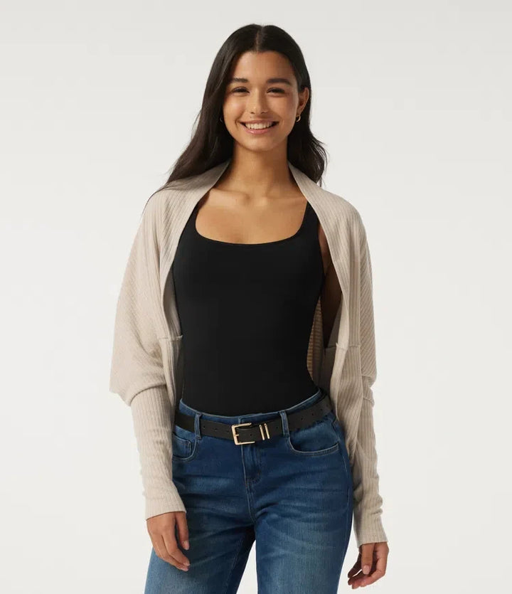 Ribbed Knit Batwing Long Sleeve Curved Hem Casual Cardigan