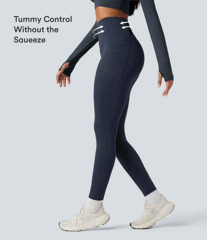 Halara Ultrasculpt Heat High Waisted Tummy Control Crossover Back Fleece Running Leggings with Pockets