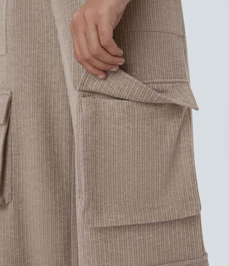Ribbed Mid Rise Drawstring Pockets Wide Leg Cargo Casual Pants