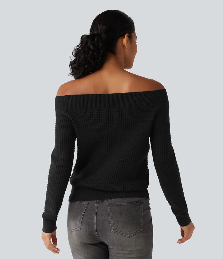 Off Shoulder Long Sleeve Casual Wool-Blend Sweater