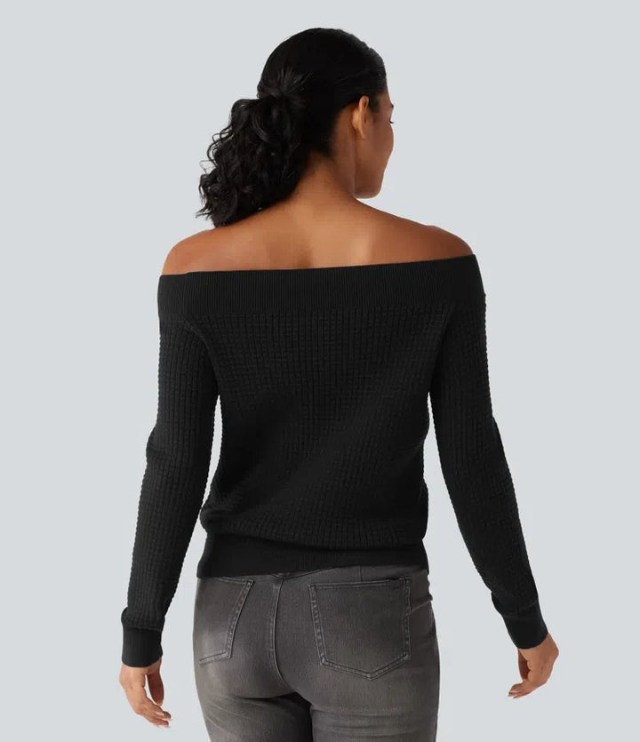 Off Shoulder Long Sleeve Casual Wool-Blend Sweater