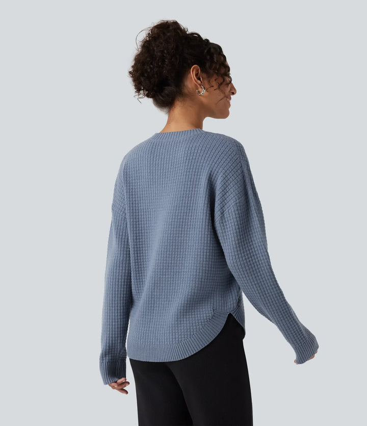 Round Neck Long Sleeve Curved Hem Work Sweater