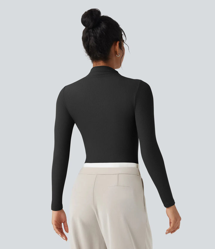 Ribbed Knit High-neck Cut-out Long Sleeve Skinny Work Bodysuit