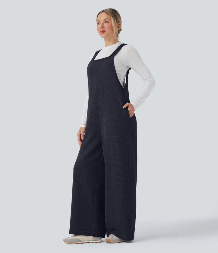 Tie Back Chenille Waffle Casual Overalls with Pockets