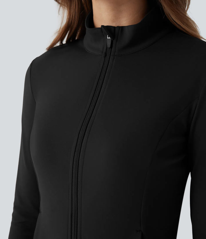 DayStretch Stand Collar Zipper Thumb Hole Ruffle Hem Slim Jacket with Pockets