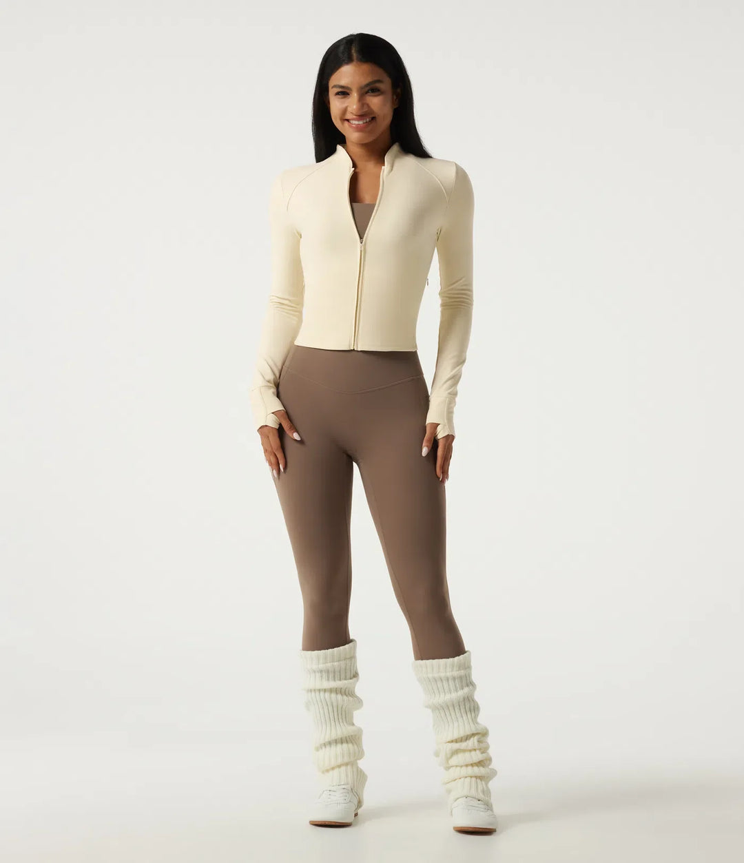 Stand Collar Long Sleeve Zipper Yoga Jacket with Thumbholes and Pockets