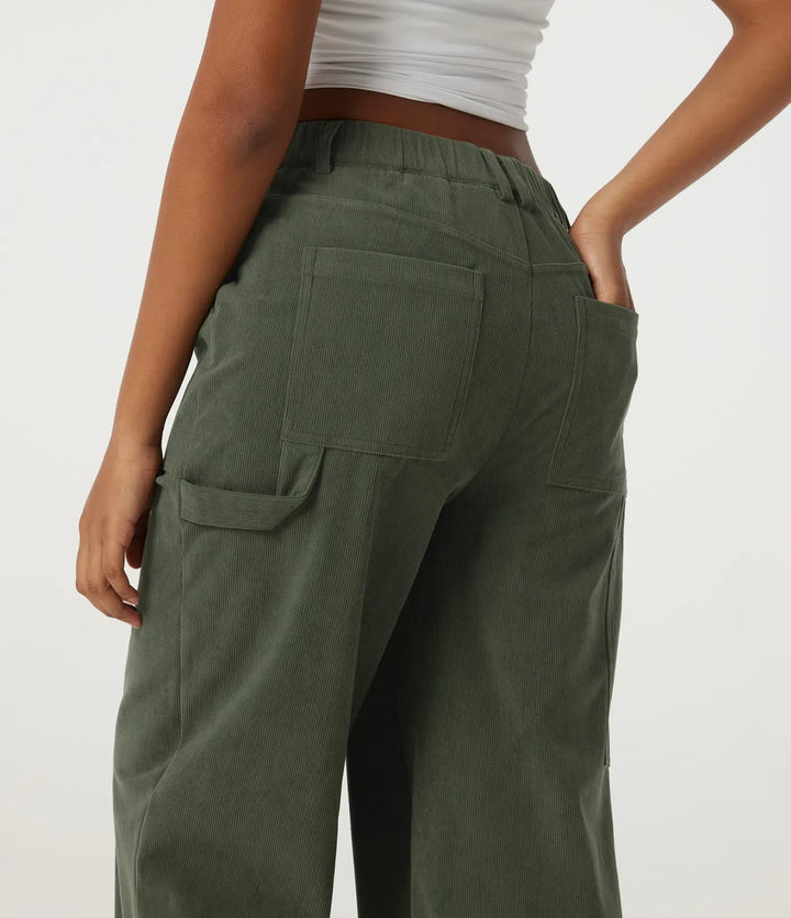 Mid Rise Wide Leg Corduroy Casual Pants with Pockets
