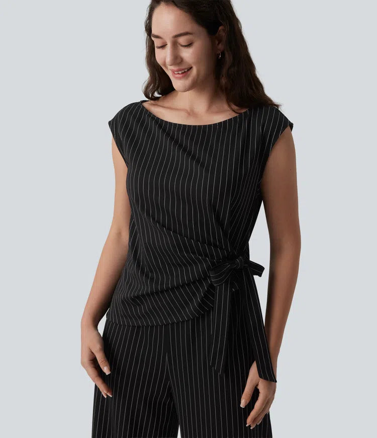 Boat Neck Sleeveless Tie Side Cool Touch Stripe Work Jumpsuit with Pockets-Easy Peezy Edition