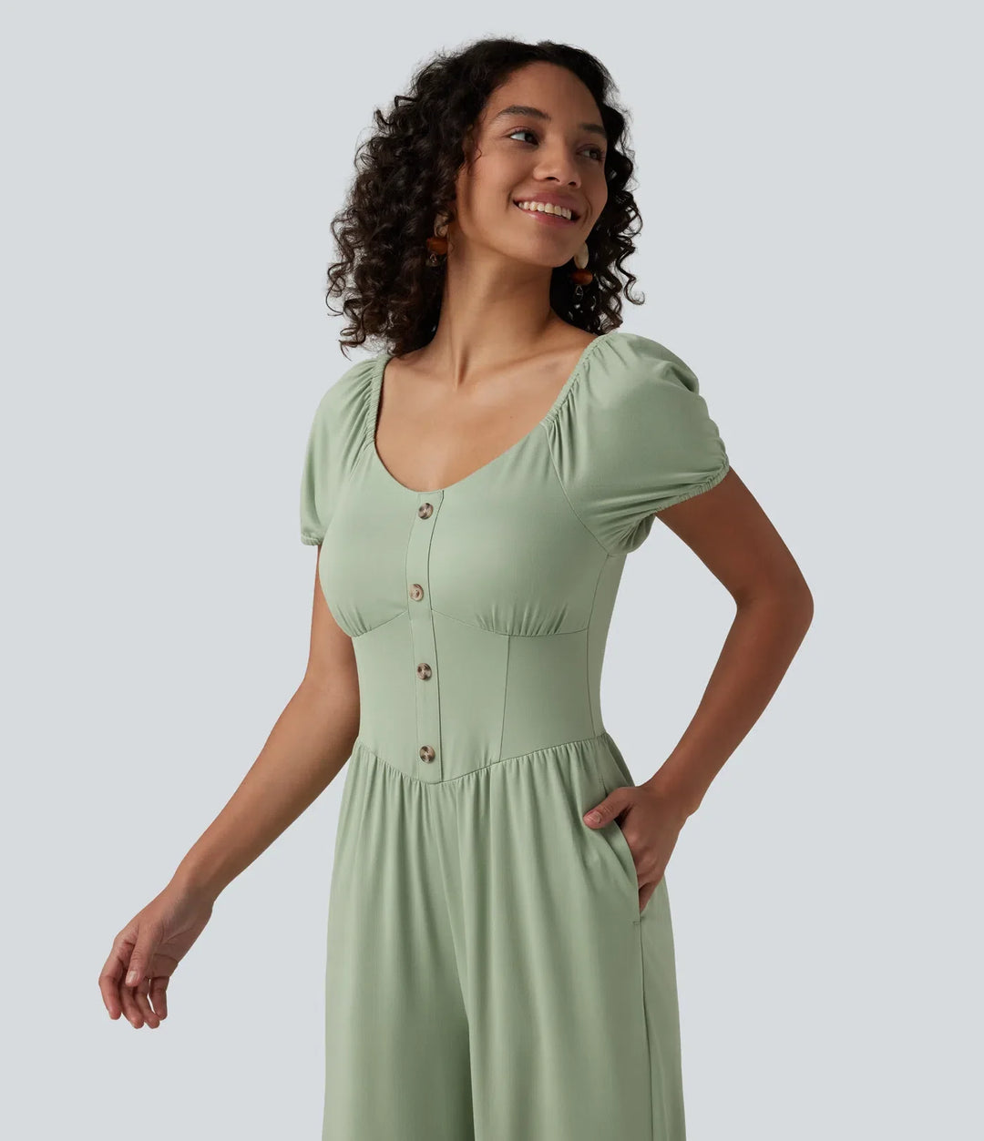 V Neck Puff Short Sleeve Non-Removable Pad Corset Jumpsuit with Pockets