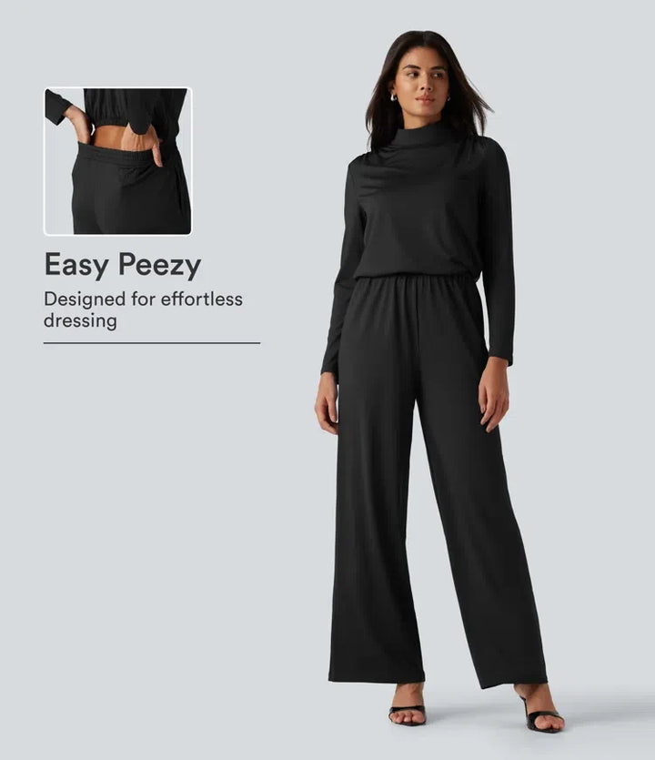 Stand Collar Long Sleeve Straight Leg Jumpsuit with Pockets-Easy Peezy Edition