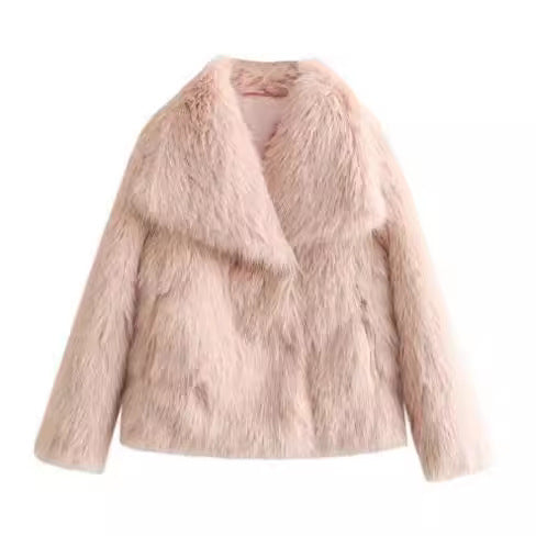 Woman in cropped fluffy faux fur jacket