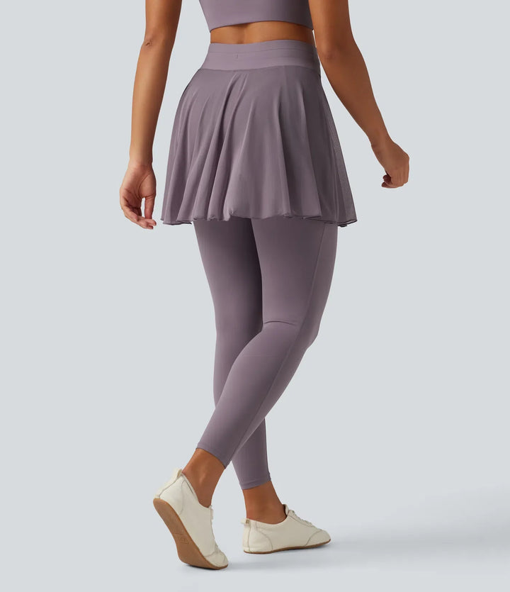 SoftlyZero High Waisted Drawstring Mesh Dance Skirted Leggings with Pockets