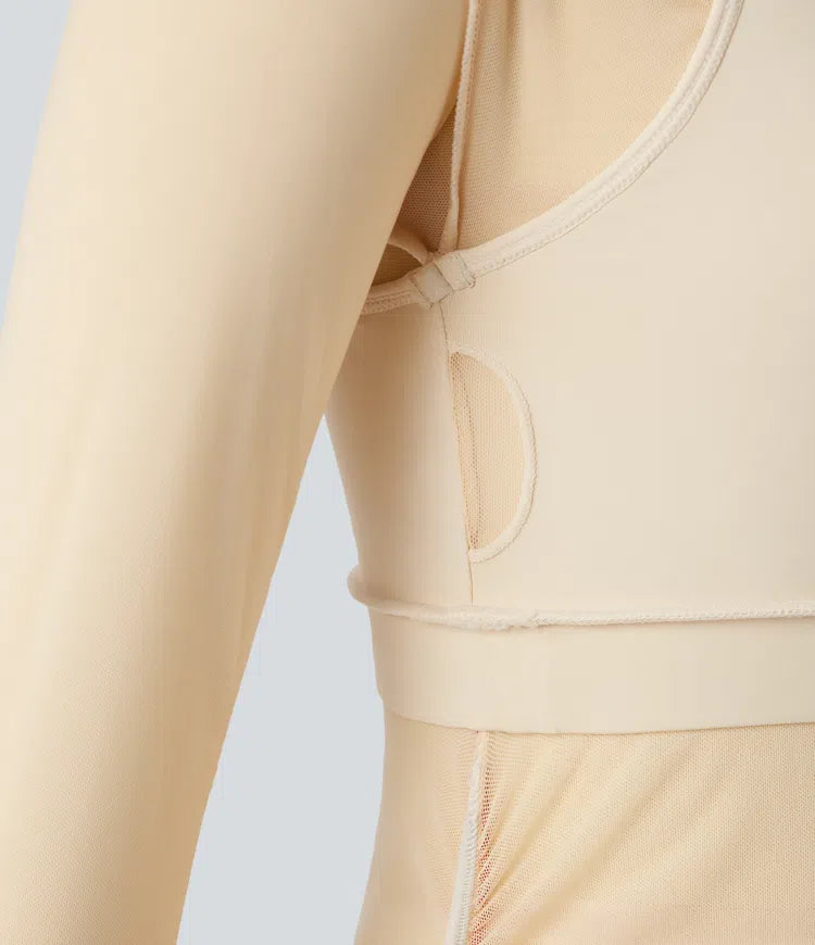 One-shoulder Long Sleeve Thumb Holes Ruched Mesh 2-in-1 Yoga Sports Top