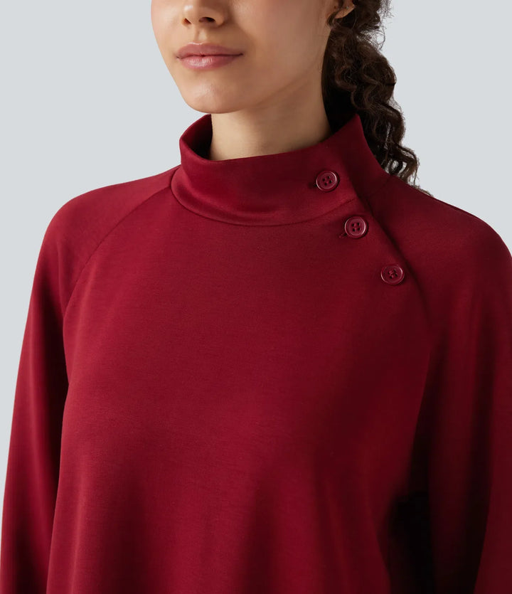 Mock-neck Long Sleeve Split High-Low Relaxed Casual Sweatshirt