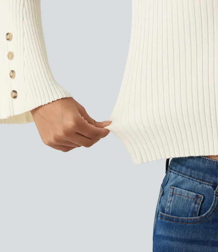 Ribbed Knit Stand Collar Flounce Sleeves Asymmetric Hem Slim Work Sweater