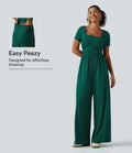 Square Neck Short Sleeve Wide Leg Casual Jumpsuit with Pockets - Easy Peezy Edition