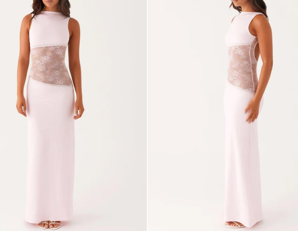 Woman in a lace maxi slip dress