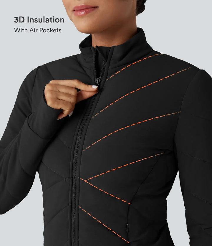 PuffFlex Stand Collar Long Sleeve Thumb Hole Casual Padded Jacket with Pockets