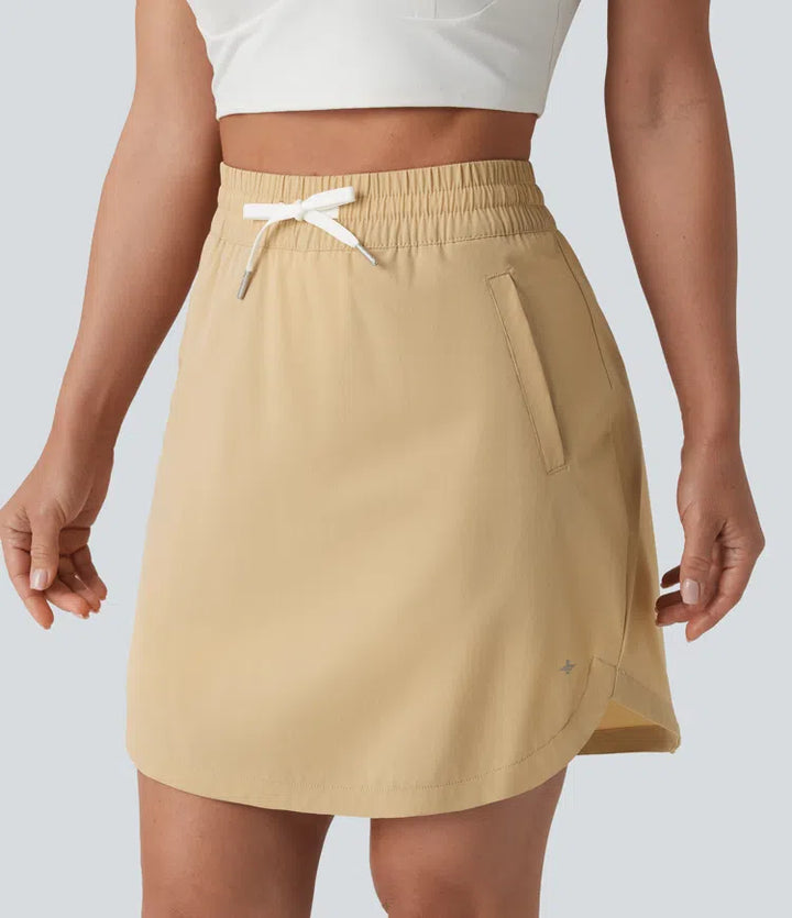 High Waisted Drawstring 2-in-1 Curved Hem Mini Golf Skirt with Pockets-Longer Length