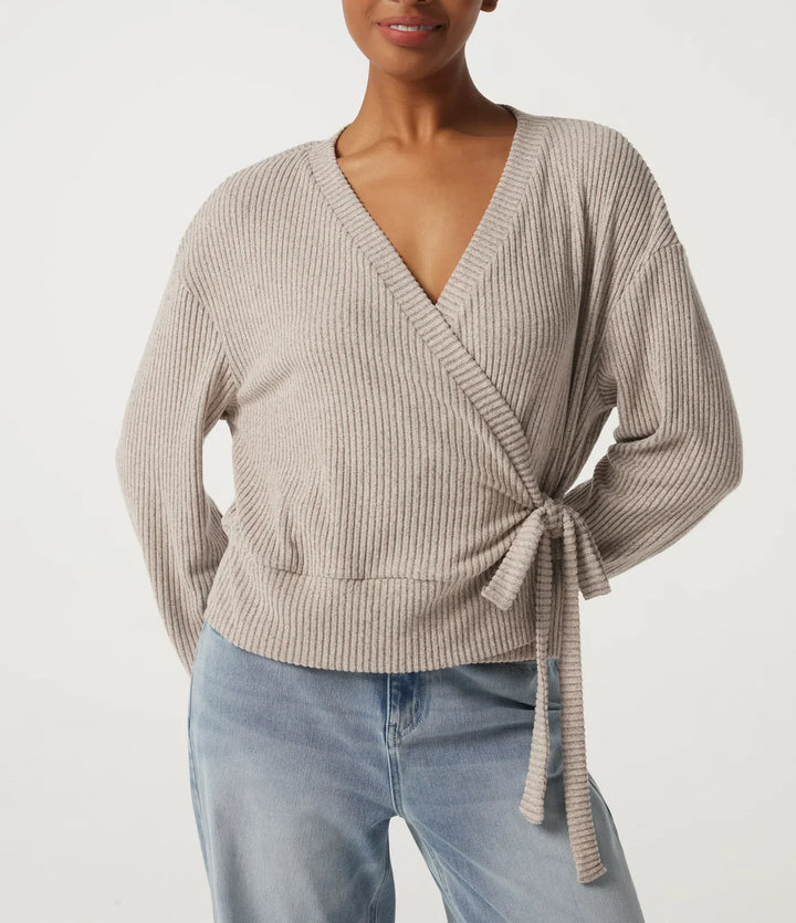 Ribbed Knit V Neck Long Sleeve Tie Side Wrapped Casual Top