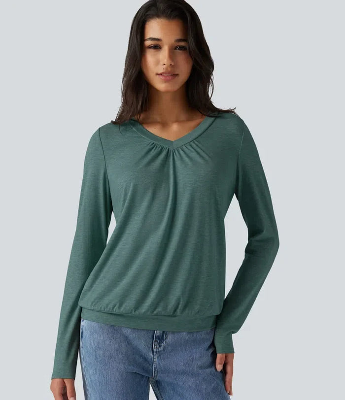 V Neck Ruched Long Sleeve Casual Top