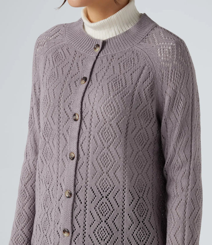 Round Neck Long Sleeve Button Fly Hollow Out Casual Cardigan