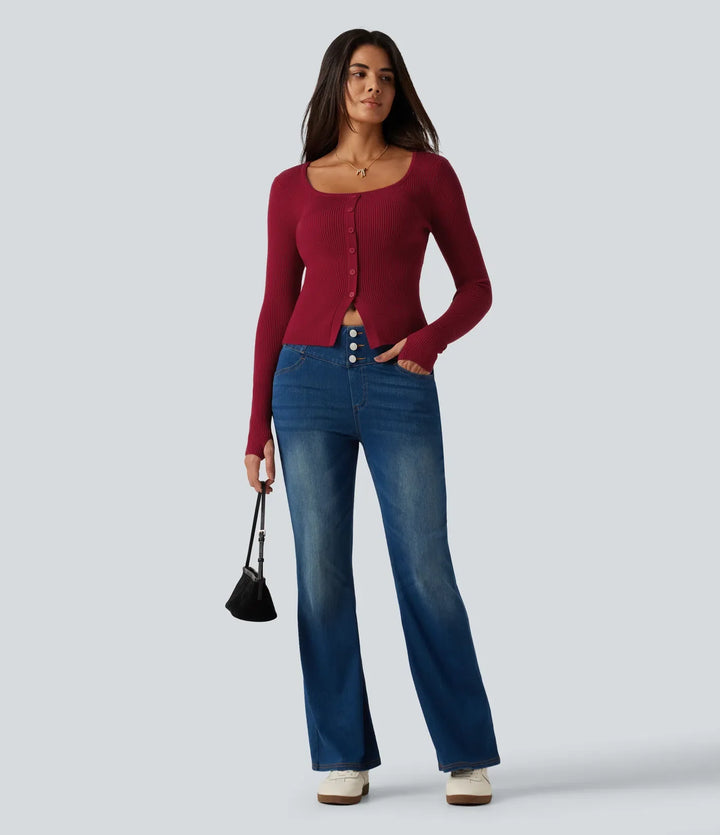 Square Neck Long Sleeve Thumb Hole Casual Sweater