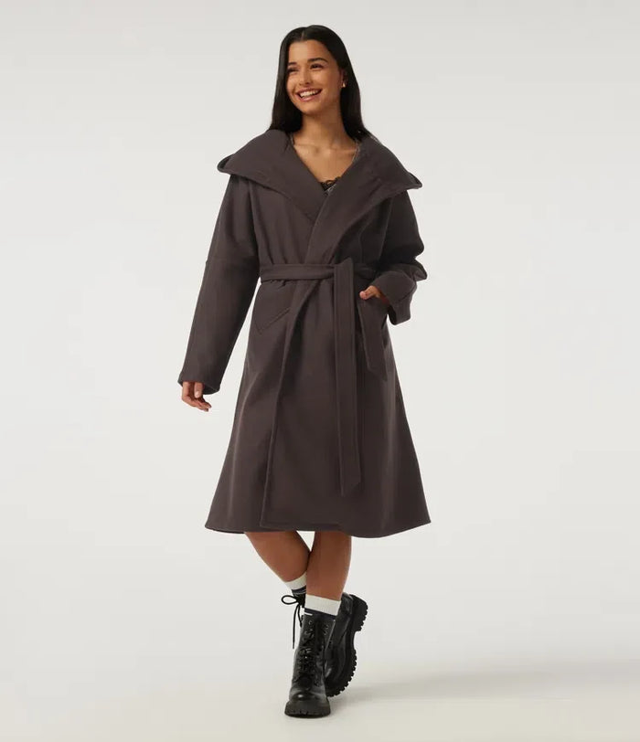 Hooded Long Sleeve Belted Longline Casual Coat with Pockets