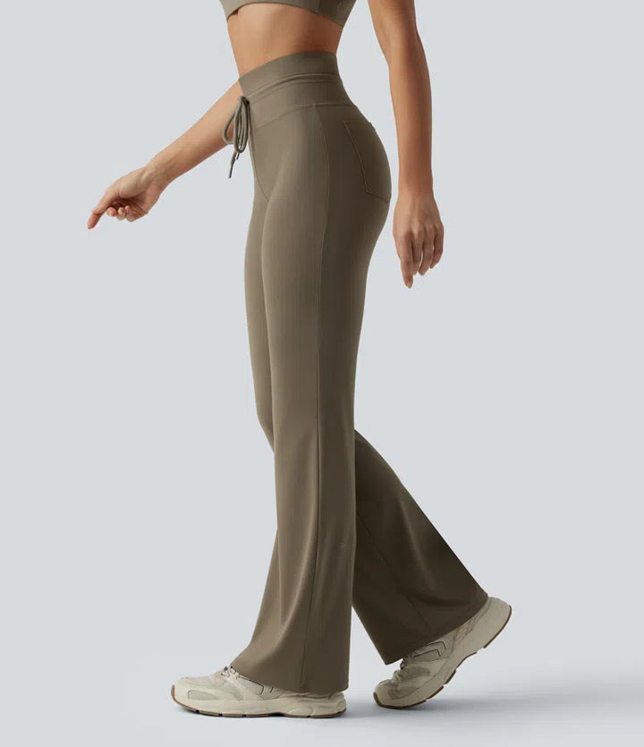 High Waisted Drawstring Plain Flare Yoga Pants with Pockets