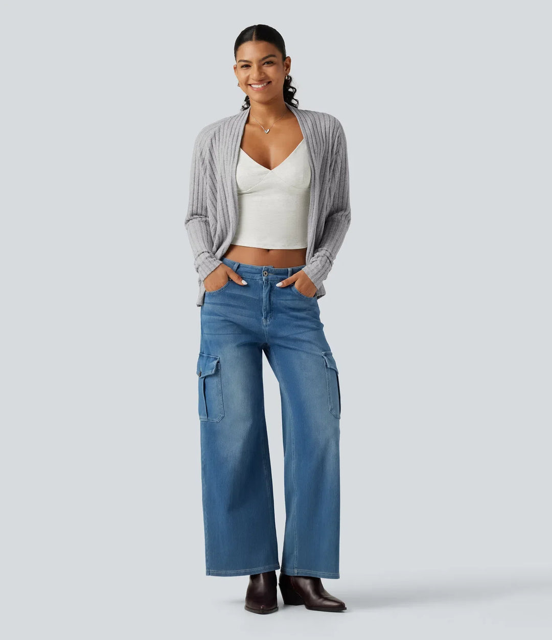 Ribbed Knit Open Front Batwing Long Sleeve Casual Cardigan