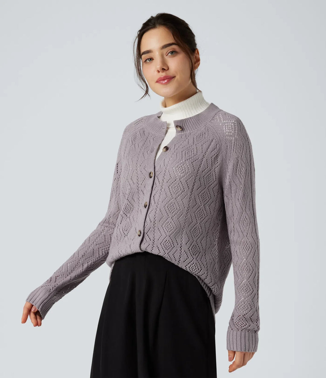 Round Neck Long Sleeve Button Fly Hollow Out Casual Cardigan