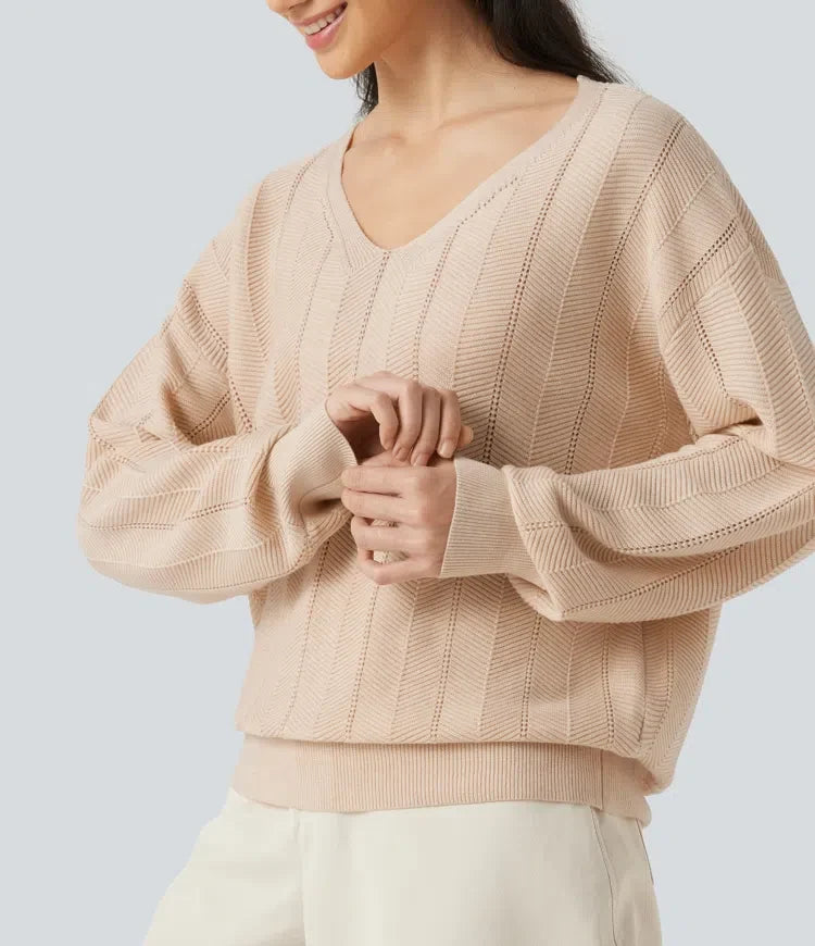 V Neck Long Sleeve Casual Wool-Blend Sweater