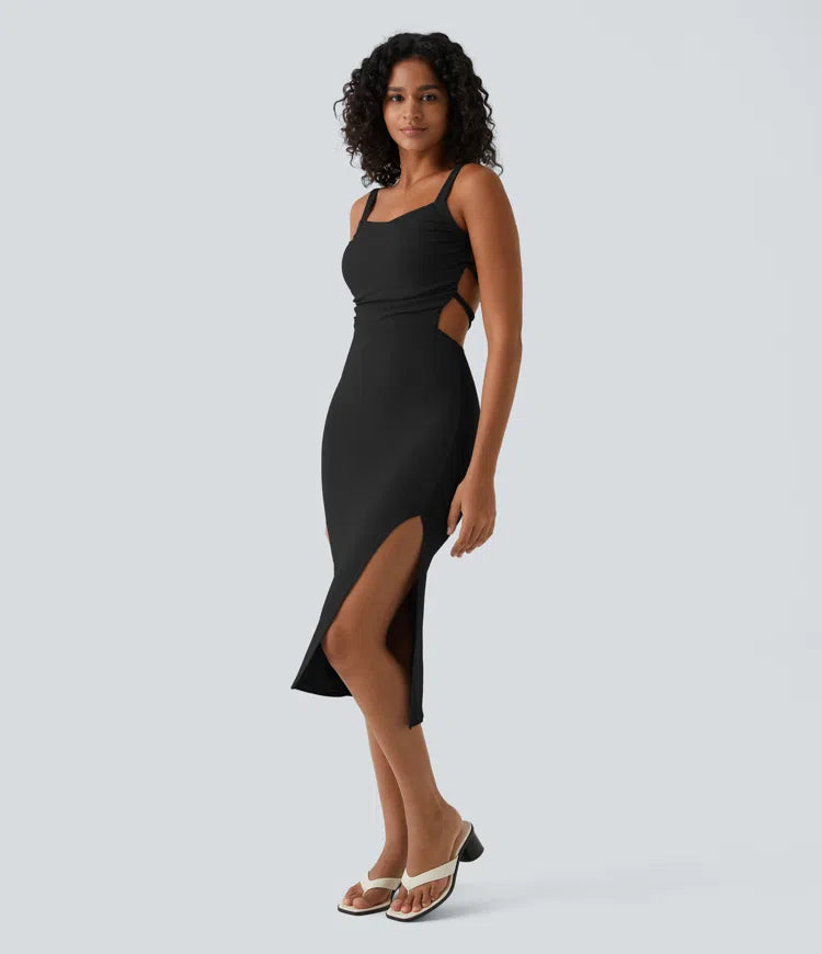 Ruched Lace Up Bodycon Midi Casual Dress