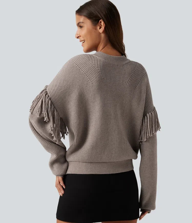 Round Neck Long Sleeve Fringe Work Sweater