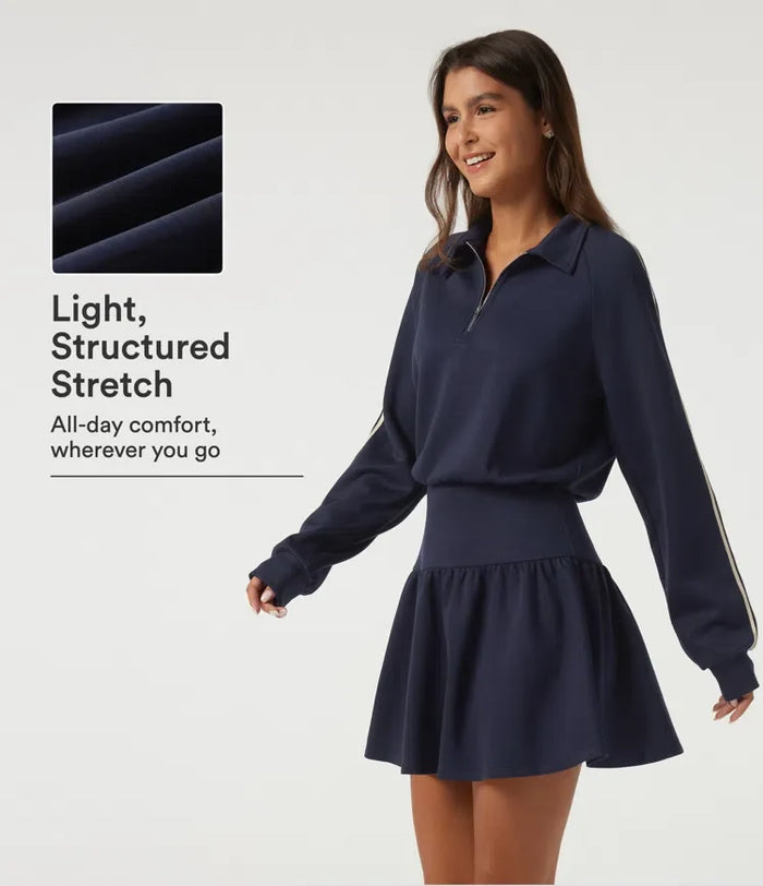 Lapel Long Sleeve Raglan Side Stripe Casual Mini Sweatshirt Dress