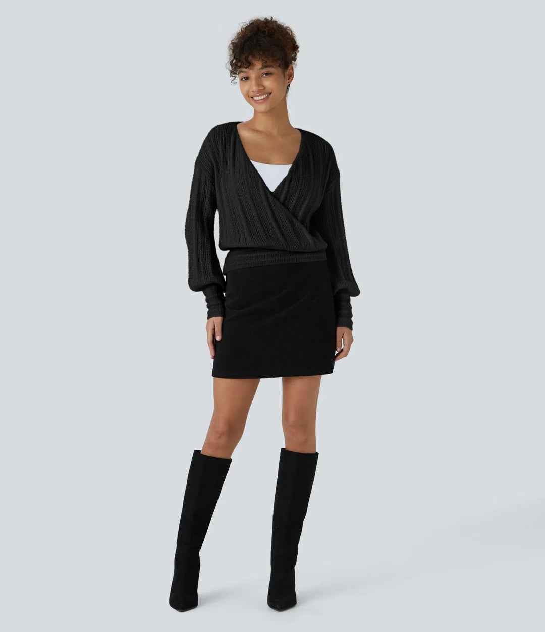 Sheer V Neck Long Sleeve Work Sweater-Front and Back Wearable