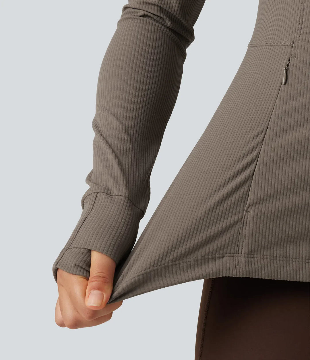 Ribbed Knit Stand Collar Long Sleeve Thumb Hole Yoga Jacket with Pockets